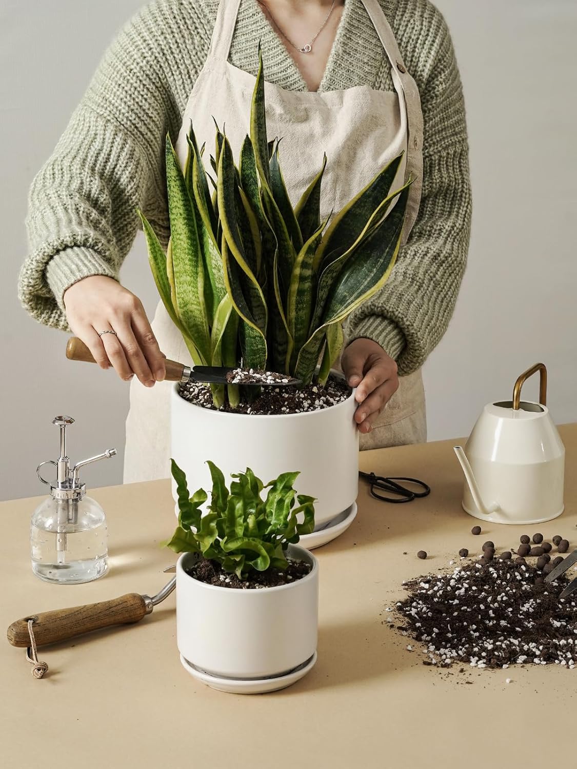 LE TAUCI Ceramic Plant Pots, Set of 2, 8 & 10 Inch Plant Pots Indoor with Saucer and Drainage, Modern Durable Planters for Home Decor, Great Gift for Plant Lover, White