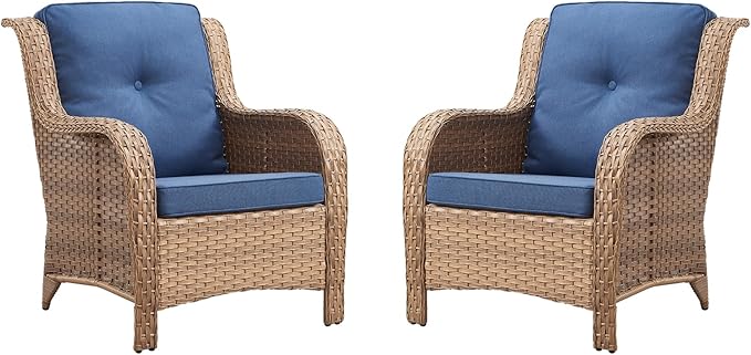 Rilyson Patio Furniture Chairs Outdoor Chair - 2 Piece Wicker Rattan Chairs Set with High Back and Deep Seating for Deck Porch Balcony Backyard Garden(Yellow/Blue)