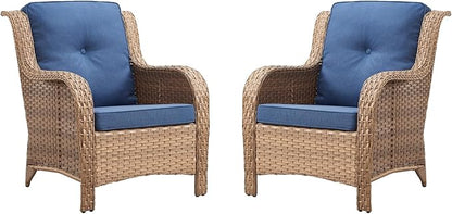 Rilyson Patio Furniture Chairs Outdoor Chair - 2 Piece Wicker Rattan Chairs Set with High Back and Deep Seating for Deck Porch Balcony Backyard Garden(Yellow/Blue)