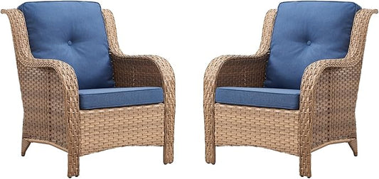 Rilyson Patio Furniture Chairs Outdoor Chair - 2 Piece Wicker Rattan Chairs Set with High Back and Deep Seating for Deck Porch Balcony Backyard Garden(Yellow/Blue)