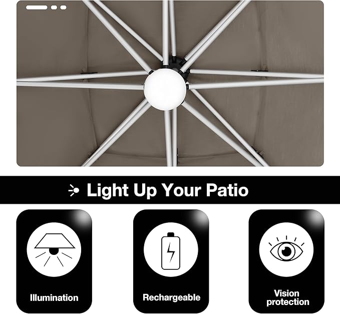 EliteShade USA APOLLO 3-Tier 10x10FT Full Aluminum Cantilever Patio Umbrella for Outdoor restaurant Garden Courtyard Deck Pool and Marketing with Light (No battery),Taupe