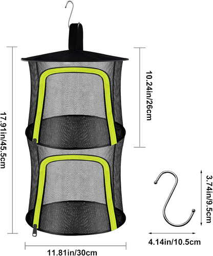 2 Layer Herb Drying Rack, Small Herb Drying Rack Hanging Mesh, Foldable Fish Drying Net with U-Shaped Zipper, Hooks, for Drying Herbs Plants, Flowers, Fruits, Food, Camping(2 Layers-11.81'')