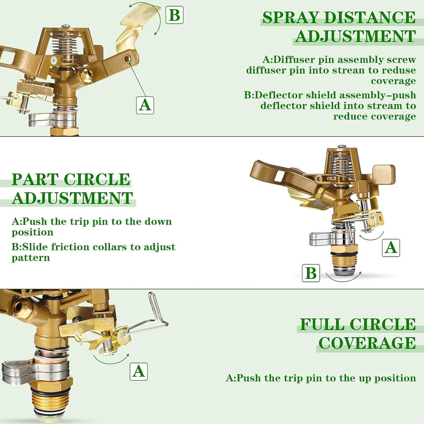Ferraycle 2 Pieces 1/2 Inch Brass Impact Sprinkler Head with Nozzles Heavy Duty Adjustable 0-360 Degrees Impulse Sprinkler Head Lawn Watering for Yard Irrigation
