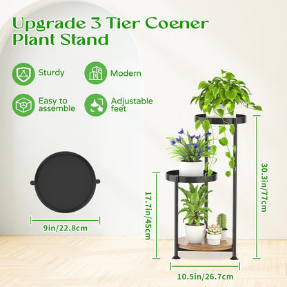3 Tier Plant Stand Indoor Outdoor, Corner Tierd Metal Flower Shelf Pot Holder Clearance, Tall Multiple Plants Rack Narrow Display Organizer for Patio Orchid Office Porch Living Room Garden,Black