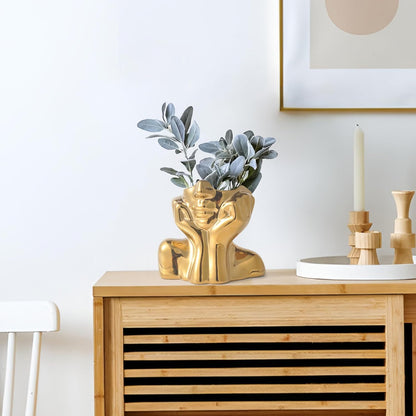 Gold Ceramic Human Face Decorative Vase - Shy Posture Modern Art Desktop Display for Bookshelf, Living Room, Office, Bedroom