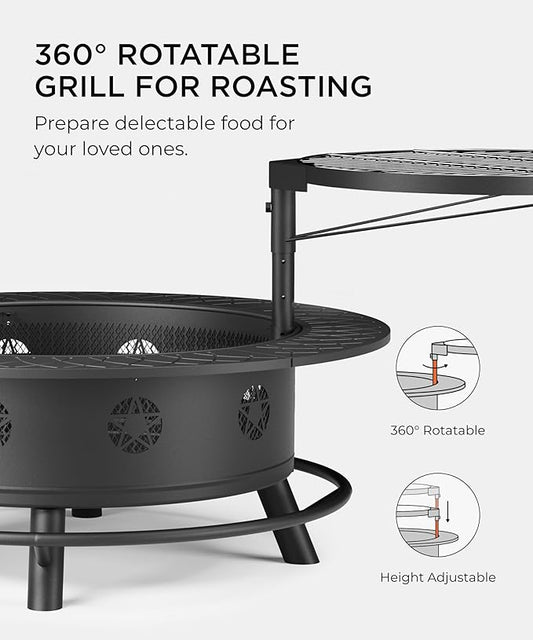 43 Inch Fire Pit with BBQ Grill, Wood Burning Fire Pits for Outside with Lid & Poker, Extra Large Heavy Duty Firepits, BBQ & Outdoor Firepit & Round Metal Table 3 in 1 for Bonfire, Patio, Picnic