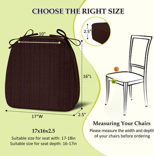 Chair Cushions for Dining Chairs, Indoor Chair Cushions with Ties，Waterproof Chair Pads Set of 6, Brown, 17x16x2.5 Inch