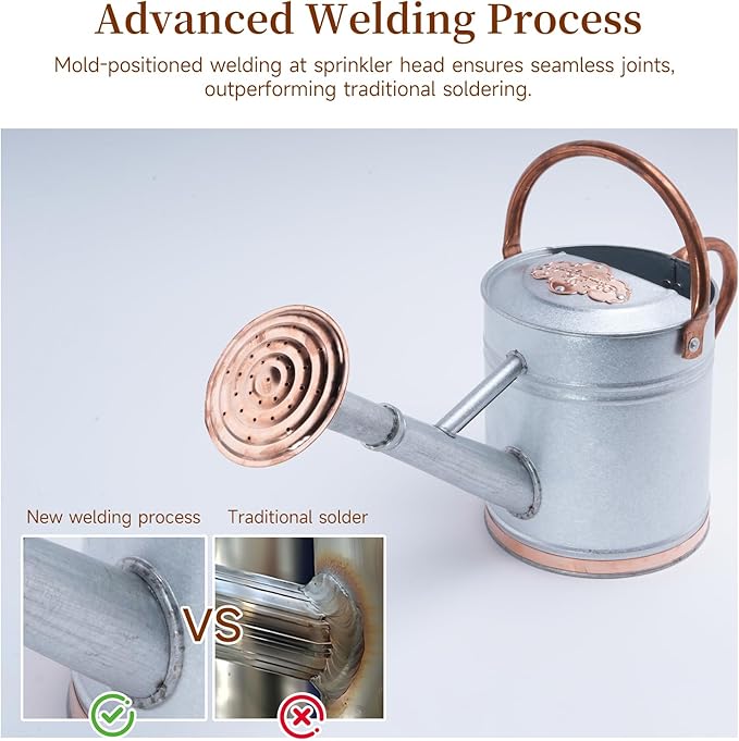 1 Gallon Galvalume Metal Watering Can with Solid Brass Sprout, Handle & Base Trim - Genuine Forged Copper Joints for Indoor/Outdoor Plants, Garden, Balcony for Kids and Adults (Stardust & Vermilion)