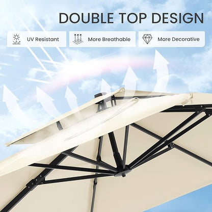 10x10 FT Cantilever Patio Umbrella with Base Included Double Top Outdoor Square Large Heavy Duty Aluminum Offset Umbrellas with 7 Level Tilt 360-degree Rotation for Pool Garden Deck,Beige