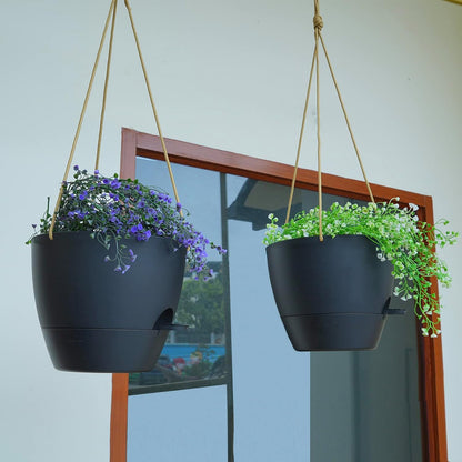 8 inch Hanging Planters, 2 Pack Self Watering Hanging Pots with 20oZ Deep Reservoir for Indoor Outdoor Plants Flowers, Black
