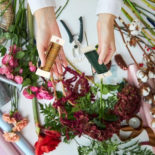 Ripeng 6 Rolls 112 Yards Floral Flexible Paddle Wire for Crafts Christmas Wreaths Tree 22 Gauge Floral Bind Wire Garland and Flower Arrangements DIY Craft(Green, Coffee, Silver, Gold, Black, White)