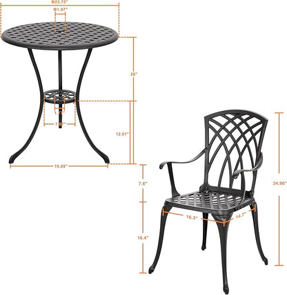NUU GARDEN Bistro Set 3 Piece Outdoor All Weather Cast Aluminum Patio Bistro Set Patio Table and Chairs Set of 2 with Umbrella Hole for Backyard, Balcony, Front Porch, Lawn, Black