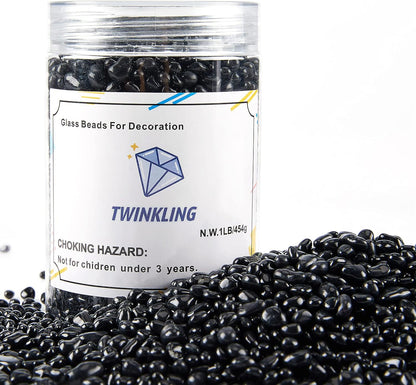TWINKLING High Luster Round Fire Glass Stones,Glass Marbles Pebbles,Glass Beads Gems for Fire Pit Vase Fillers Crafts Aquarium Garden Decoration,3-6mm,1-Pound Jar (Black)
