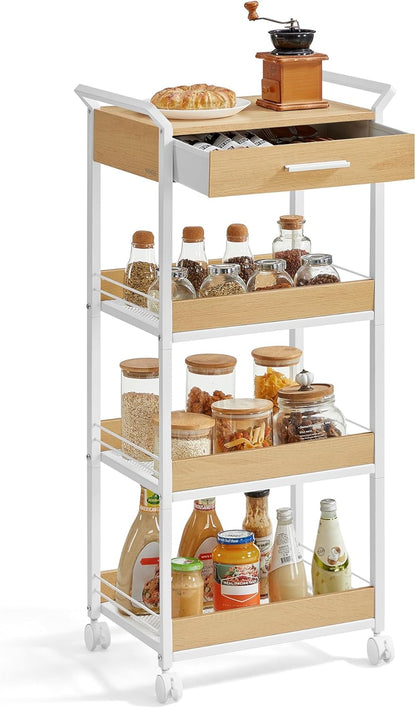VASAGLE Storage Cart, 4-Tier Rolling Utility Cart with Table Top, Handles, 4 Lockable Casters, Top Drawer, Mesh Shelves, for Kitchen, Bathroom, Bedroom, Golden Oak and Cloud White ULRC049N01