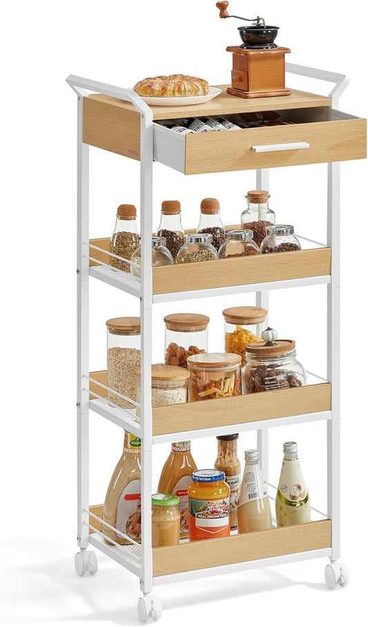 VASAGLE Storage Cart, 4-Tier Rolling Utility Cart with Table Top, Handles, 4 Lockable Casters, Top Drawer, Mesh Shelves, for Kitchen, Bathroom, Bedroom, Golden Oak and Cloud White ULRC049N01