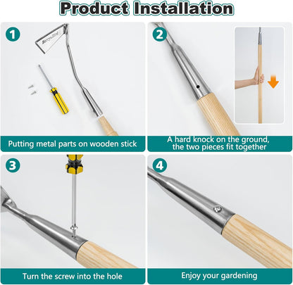 Berry&Bird Swoe Garden Hoe, 61.8'' Stainless Steel Long Handled 3 Edge Hoe with Wooden Hand, Mini Angled/Warren Hoe, Soil Cultivator Weeding Tool for Grass Flower Backyard