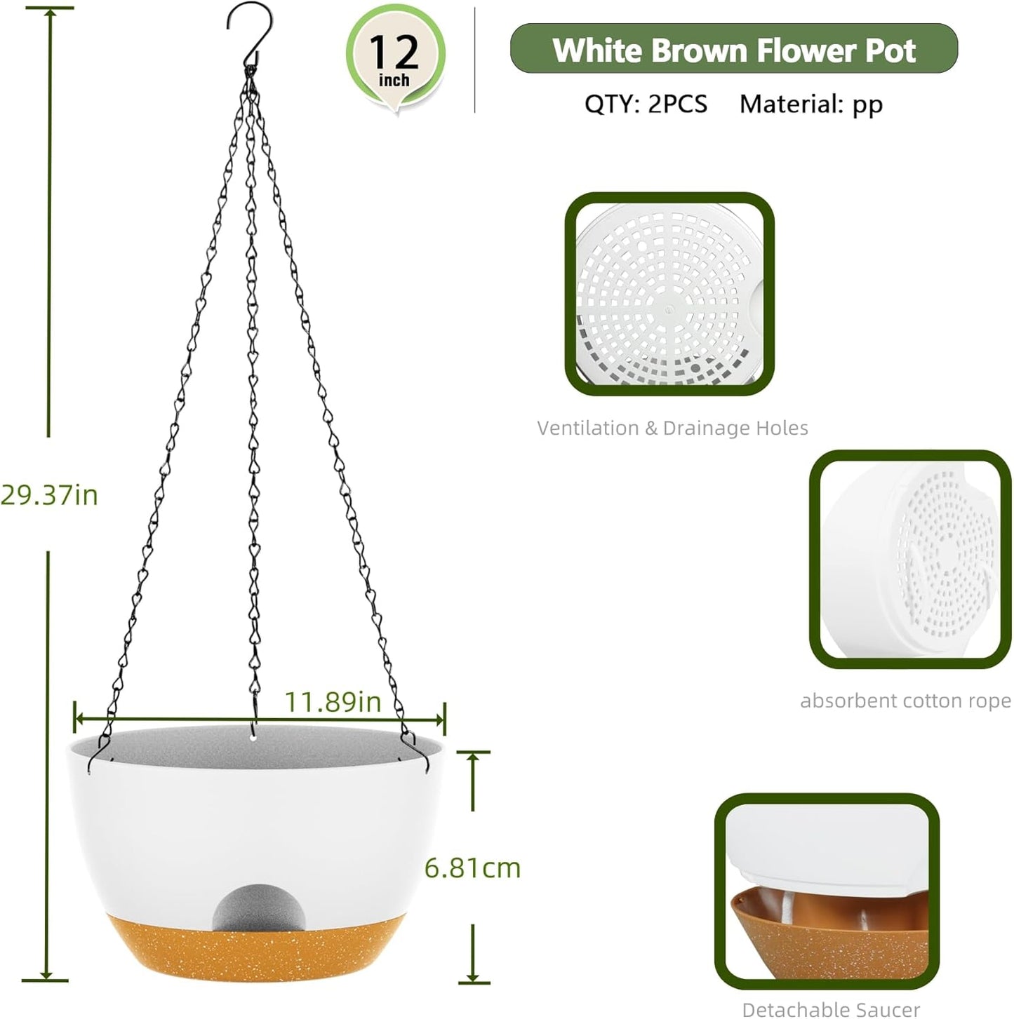 12 Inch Hanging Baskets 2 PC with Chains, Self-Watering Hanging Planters for Indoor Outdoor Plants, Plastic Hanging Flower Pots,White Brown