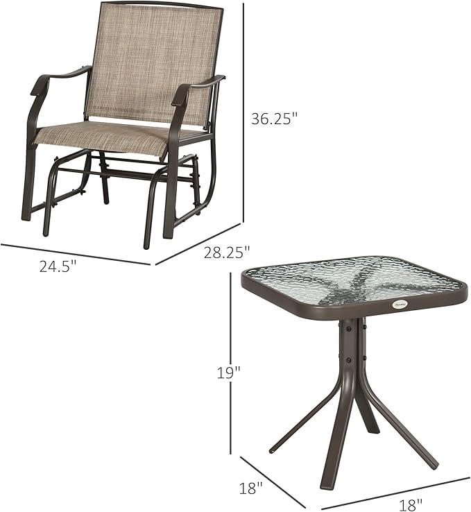 Outsunny 3 Piece Outdoor Glider Chair with Coffee Table Bistro Set, 2 Patio Rocking Swing Chairs with Breathable Sling Fabric, Glass Tabletop, for Backyard, Garden and Porch, Mixed Brown