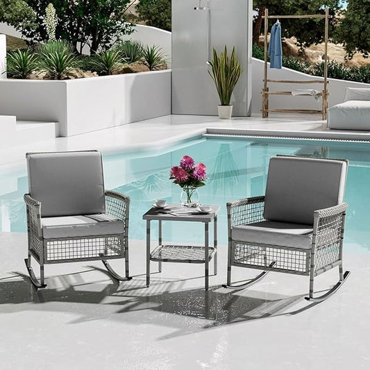 DECMICO 3-Piece Wicker Rocking Chair Set, Patio Bistro Furniture with Cushions & Side Table, Rattan Outdoor Conversation Bistro Set for Outdoor Use, Grey