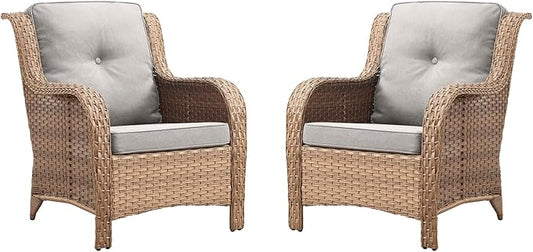 Rilyson Patio Furniture Chairs Outdoor Chair - 2 Piece Wicker Rattan Chairs Set with High Back and Deep Seating for Deck Porch Balcony Backyard Garden(Yellow/Beige)