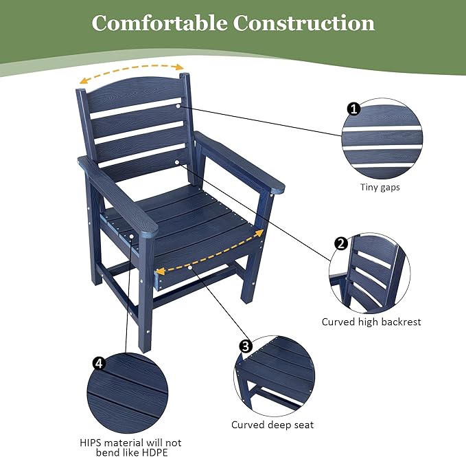 Poly Lumber Patio Dining Set, HIPS Outdoor 36.2-Inches Dining Table and Ladder Back Chairs, with Umbrella Hole, Weather Resistant (5 Piece, Navy Blue)