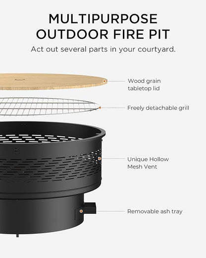 32" Fire Pits with Cooking Grill, Fire Pit Table with Lid & Fire Poker, Round Wood Burning Firepit for Outside, Multifunctional Outdoor Fire pits for BBQ, Table, Picnic, Camping, Bonfire Party