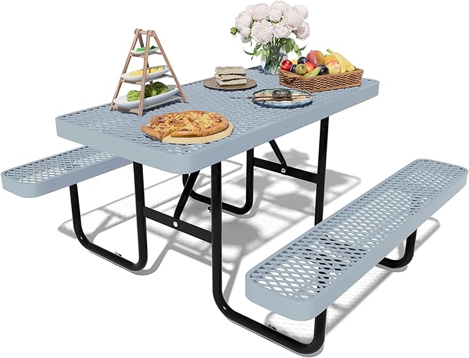 48'' Rectangular Steel Picnic Table for Outdoors,Commercial Metal Picnic Table Bench Set with Umbrella Hole,School Canteen Table W/Seats - Heavy Duty Sturdy Picnic Tables for Patio Garden