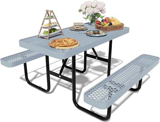 48'' Rectangular Steel Picnic Table for Outdoors,Commercial Metal Picnic Table Bench Set with Umbrella Hole,School Canteen Table W/Seats - Heavy Duty Sturdy Picnic Tables for Patio Garden
