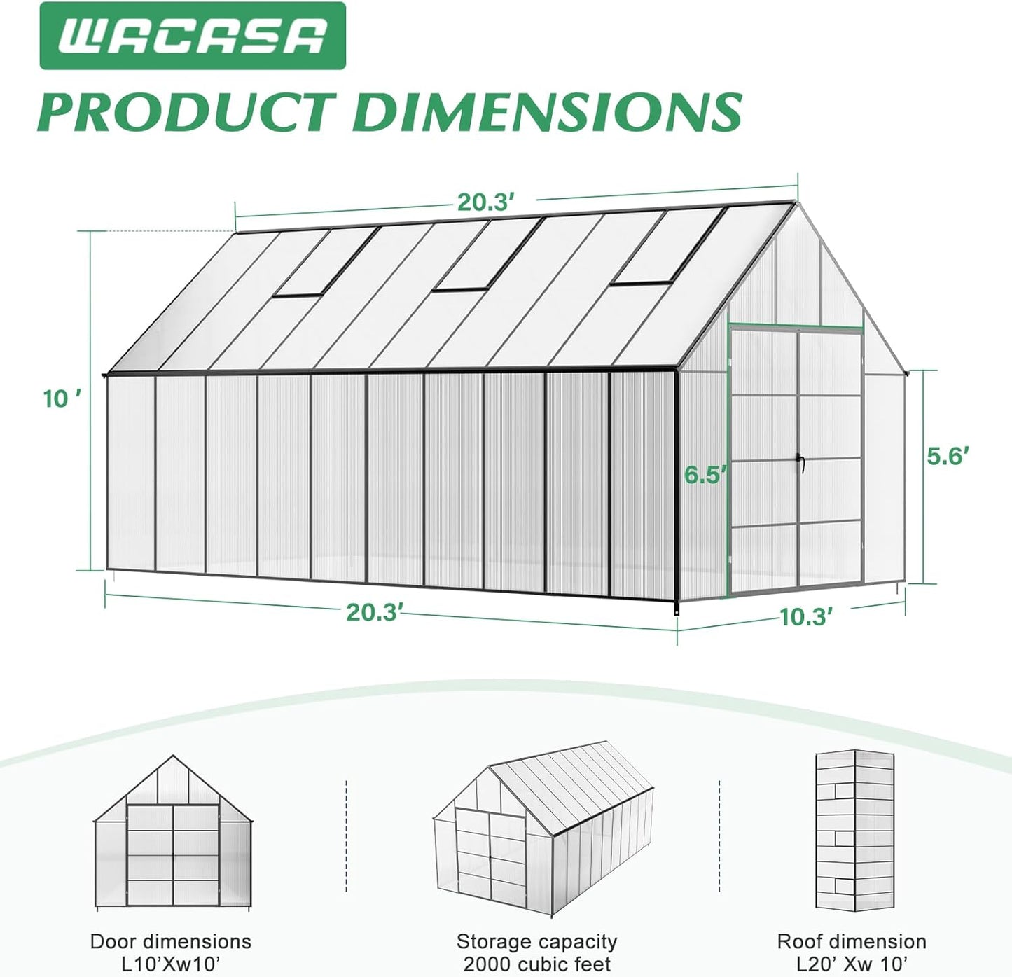10'x10'x20' Snap-Together Greenhouse - Easy 3-Way Connectors, Heavy-Duty Aluminum Frame, Wind/Snow Resistant for Gardening/Urban Farming, Includes Sliding Door & Ventilation Windows