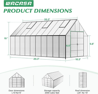 10'x10'x20' Snap-Together Greenhouse - Easy 3-Way Connectors, Heavy-Duty Aluminum Frame, Wind/Snow Resistant for Gardening/Urban Farming, Includes Sliding Door & Ventilation Windows