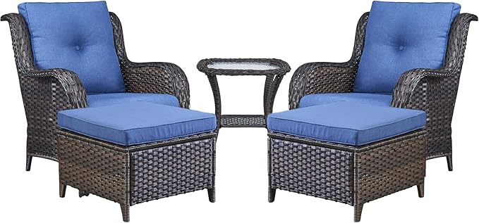 Rilyson Wicker Patio Furniture Set - 5 Piece Rattan Outdoor Sectional Conversation Sets with 2 Chairs,2 Ottomans and 1 Side Table for Porch Deck Garden(Brown/Blue)