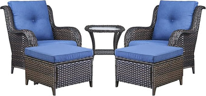 Rilyson Wicker Patio Furniture Set - 5 Piece Rattan Outdoor Sectional Conversation Sets with 2 Chairs,2 Ottomans and 1 Side Table for Porch Deck Garden(Brown/Blue)