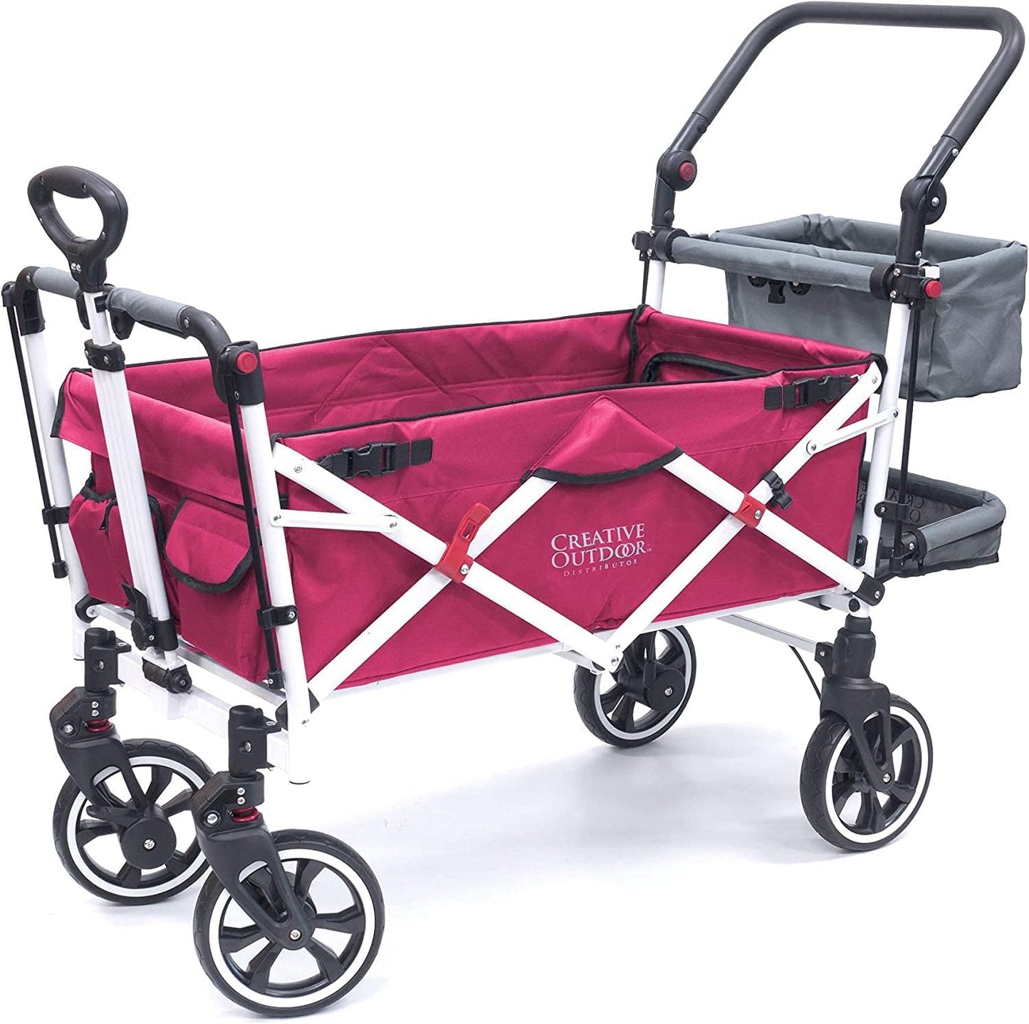 Creative Outdoor Wagon for Kids Push Pull Collapsible Stroller with Canopy Folding Cart | Titanium Series Plus | Beach, Park, Garden (Solid Pink)
