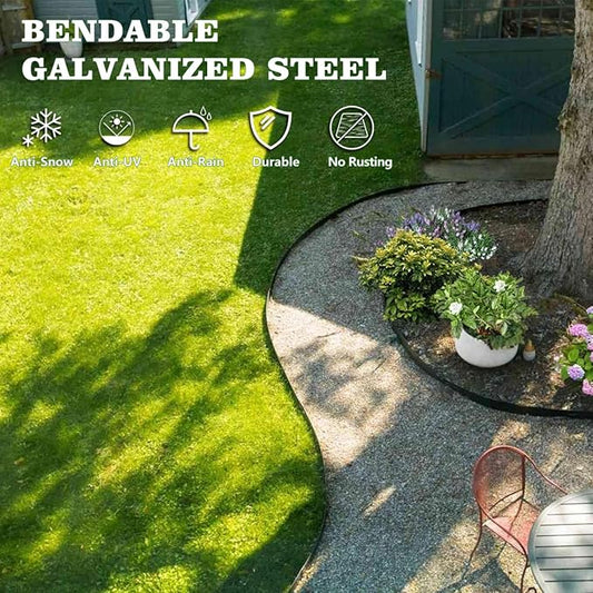 A ANLEOLIFE 6 Pack 40" LX 8" H Galvanized Steel Garden Landscape Edging, Bendable Hammer-in Metal Lawn Border with Gloves and 10 Stakes (20FT Total) (8 inch Tall, Black)