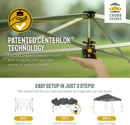 CROWN SHADES 10x10 Pop Up Canopy - Beach Tent with One Push Setup - Easy Outdoor Sun Shade Shelter for Events, Parties - Gazebo with STO-N-Go Cover Bag, Silver Coated Top, Grid Grey