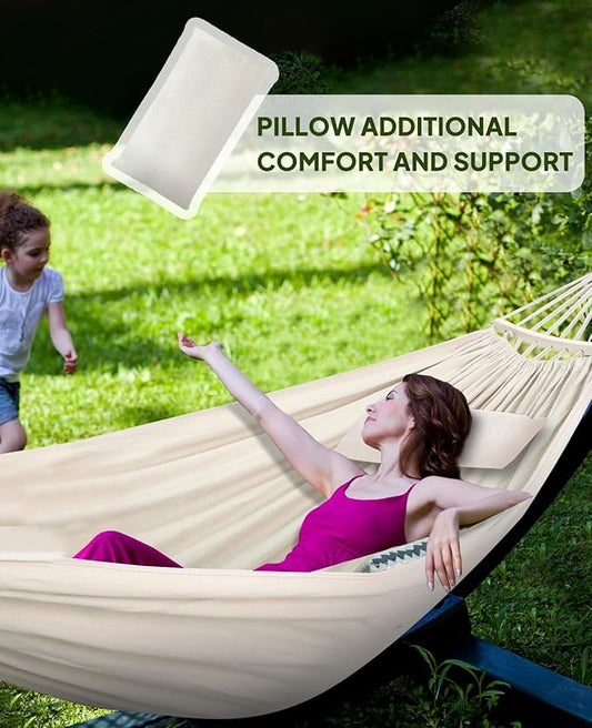 Chihee Hammock for Stand 9.8ft x 4.9ft Soft Cotton Hammock Holds Up to 660lbs Portable Tree Hammocks with Detachable Spreader Bar Pillow 2 Strong Webbings 2 Carabiners Patio Garden Indoor Outdoor