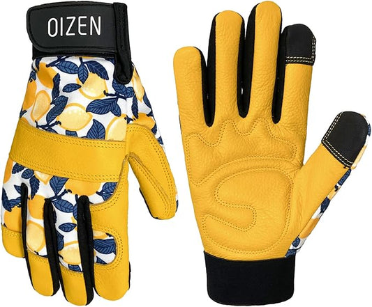 Cowhide Leather Thorn Proof & Puncture Resistant Gardening Gloves for Women and Men, Touchscreen Compatible Working Gloves for Weeding, Digging, Planting, Gardening Gifts for Women, Size Medium