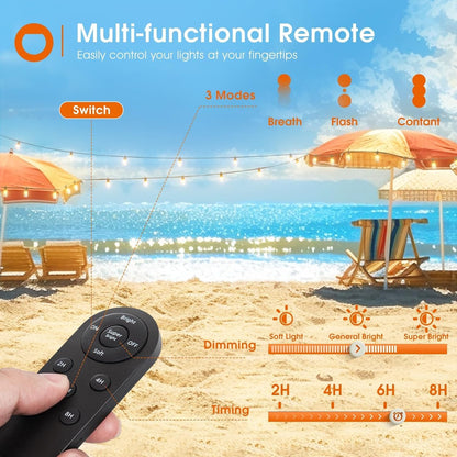 addlon 33FT (27+6) Solar String Lights for Outside Outdoor Waterproof with USB Port & Remote Control Solar Patio Lights Last for 20+Hrs Dimmable Solar Power LED Bulbs Hanging for Porch Garden Bistro