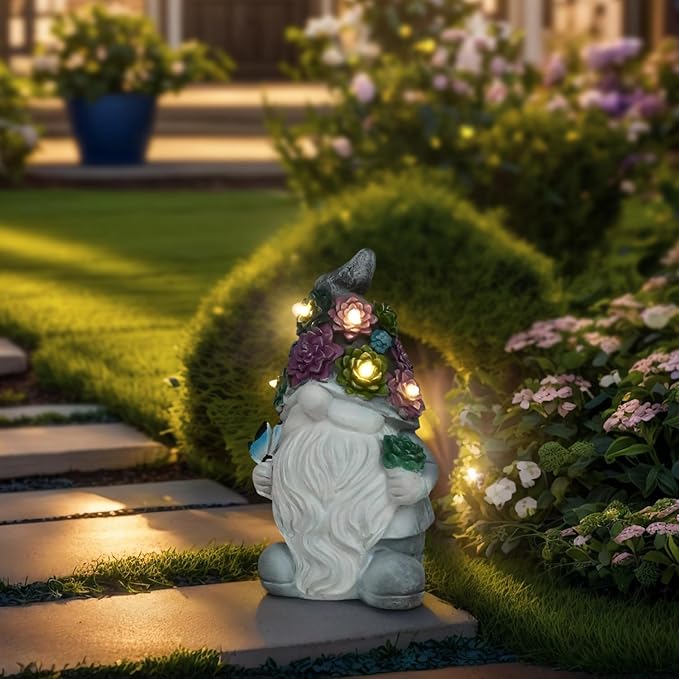 Solar Gnome Light up Figurine: Concrete Statue with Succulent & Butterfly Garden Decor Outdoor Decorations Yard Ornament - Mother’s Day Father’s Day Birthday Gift for Mom Dad Women