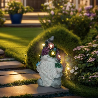Solar Gnome Light up Figurine: Concrete Statue with Succulent & Butterfly Garden Decor Outdoor Decorations Yard Ornament - Mother’s Day Father’s Day Birthday Gift for Mom Dad Women