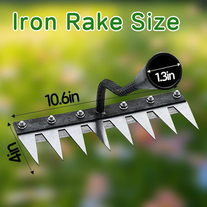 2025 Iron Weeding Rake 2.0, Iron Rake for Gardening and Weedings, Heavy Duty Gardening Hand Weed Puller Tools, 8 Teeth Carbon Steel Garden Weedings Rakes for Lawn Care – Bonus Gloves Included