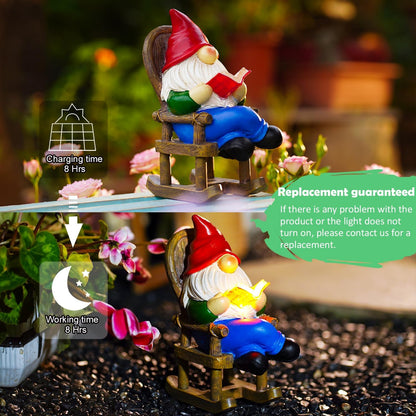 Gnome Reading Solar Statue - Outdoor Solar Gnome Reading on a Chair Garden Decor - Unique Design Ideal Gifts for Women,Mom