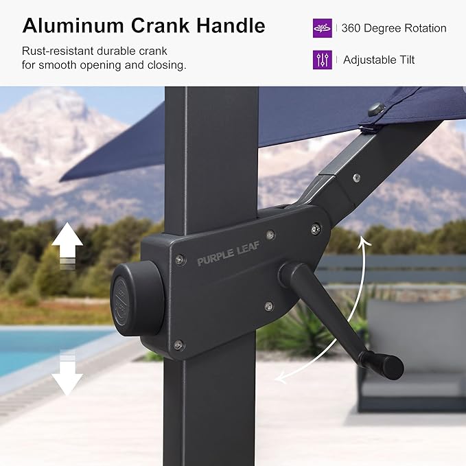 PURPLE LEAF 10' × 13' Patio Cantilever Umbrella Outdoor Rectangle Adjustable Offset Umbrellas with 360-degree Rotation and 8 Heavy Duty Metal Ribs for Garden Deck Pool Navy Blue