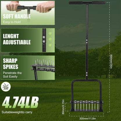 Lawn Aerator Tool,Manual Stainless Steel Spike Aerator Lawn Tool with Spring Base, Automatic Dirt and Leaf Clean Design, Adjustable T-Handle, Soil Loosening, Yard Aerating, Garden Tool Black