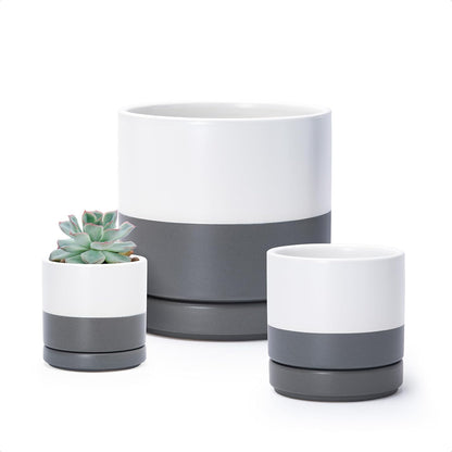 D'vine Dev 3 Inch & 4 Inch & 6 Inch, Set of 3 Round Ceramic Planter Pot with Drainage Hole and Saucer, White/Speckled Grey, 94-T-S-6