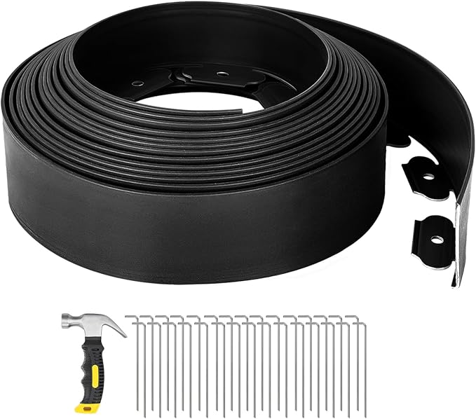 GROWNEER 33FT Landscape Edging Flexible 4 inch Tall Garden Border with 30pcs Galvanized Steel Anchoring Spikes and Hammer Lawn Edging Kit for Flower Bed, Pathway, Landscaping Project, Black