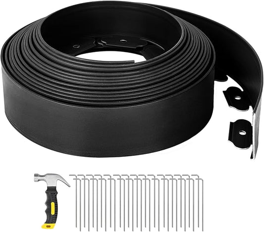GROWNEER 33FT Landscape Edging Flexible 4 inch Tall Garden Border with 30pcs Galvanized Steel Anchoring Spikes and Hammer Lawn Edging Kit for Flower Bed, Pathway, Landscaping Project, Black