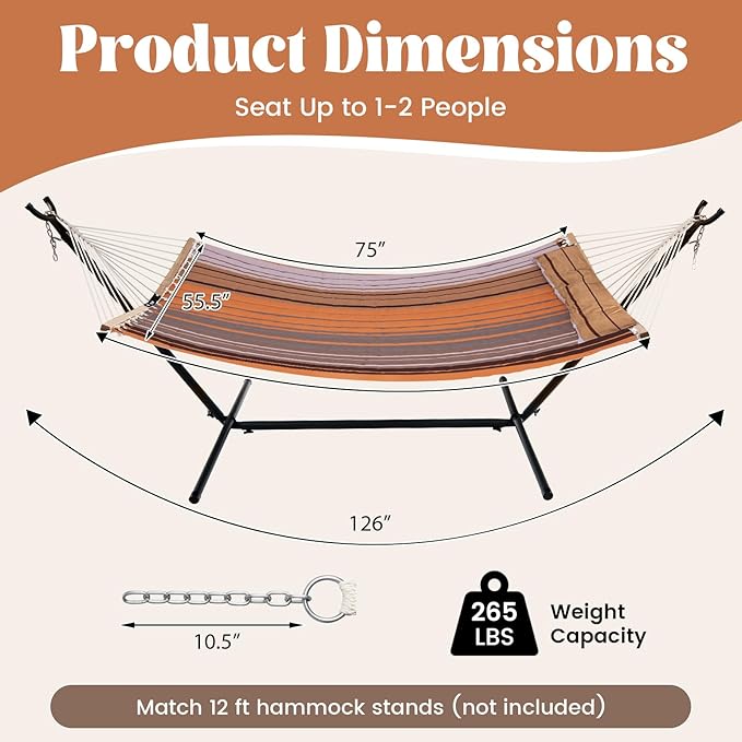 Tangkula 10.5FT Double Hammock, Heavy Duty Outdoor Hammock with Curved Spreader Bars, Detachable Pillow, 2 Person Hammocks for Outside, Porch, Patio (Stand is not Included) (Coffee)