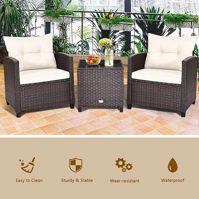 RELAX4LIFE 3 Piece Patio Furniture Set, Wicker Bistro Conversation Set w/ 2 Cushioned Armchairs & Glass Topped Table, Outdoor Rattan Sofa for Porch Balcony Poolside (White)
