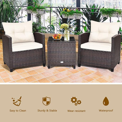 RELAX4LIFE 3 Piece Patio Furniture Set, Wicker Bistro Conversation Set w/ 2 Cushioned Armchairs & Glass Topped Table, Outdoor Rattan Sofa for Porch Balcony Poolside (White)